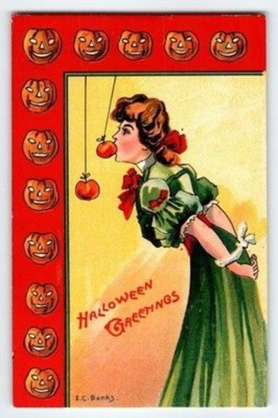 1908 Vintage Halloween Greetings Postcard by E.C. Banks with Pumpkins Girl